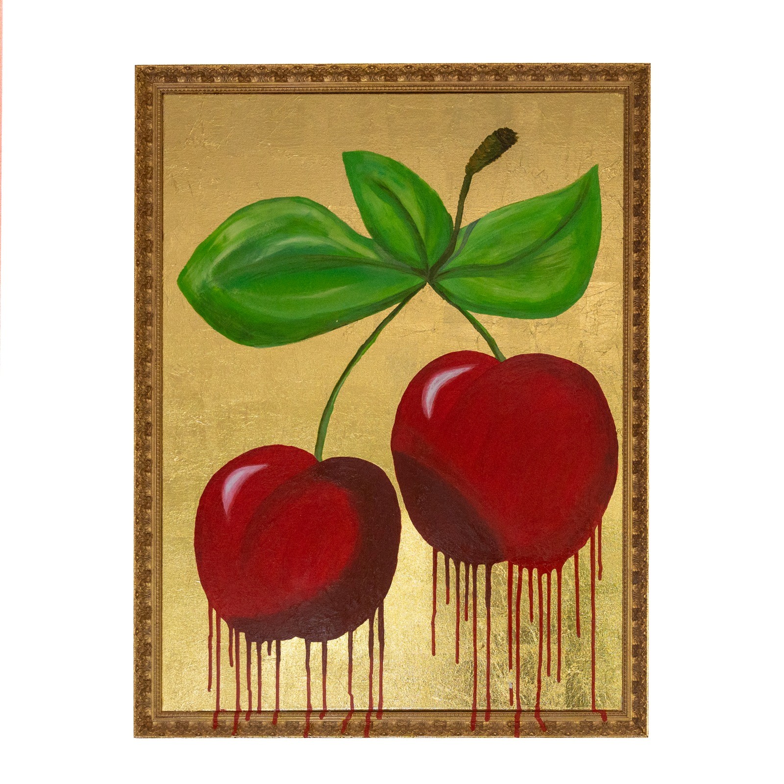 Abstraktes Gemälde „Verbotene Frucht“, Acryl auf  Blattgold, Leinwand mit barockem  Rahmen, 70×100 cm